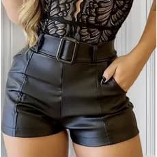 Short De Couro Feminino Preto Com Fivela Tecido Couro Cirre Fake