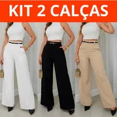 Kit 2 Calça Pantalona Zíper Lateral Com Cinto Alfaiataria Cintura Alta Flare Social Com Bolsos