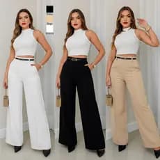 Calça Pantalona Alfaiataria Feminina Cintura Alta com Cinto Zíper Lateral Flare Social Bolsos