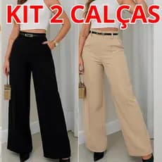 Kit 2 Calça Cintura Alta Pantalona Alfaiataria Barbie Com Zíper Lateral + Cinto De Couro Com Bolsos Lateral