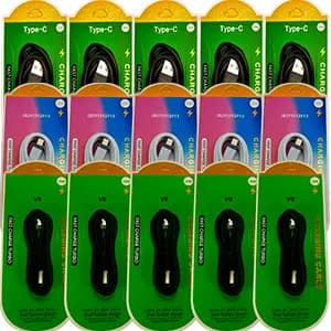 KIT COM 5 CABOS DE CELULAR COM 3 MODELOS 5 TIPO C / 5 IPHONE / 5 V8