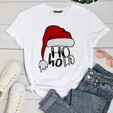 Blusa Feminina Tshirt Camiseta Algodão Feliz Natal - HoHoHo! i Blusa Gola Redonda Manga Curta