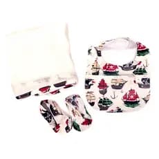 Kit para Bebê com Babador com bolso Pano fralda de Boca e par de sapatinhos menino navio pirata