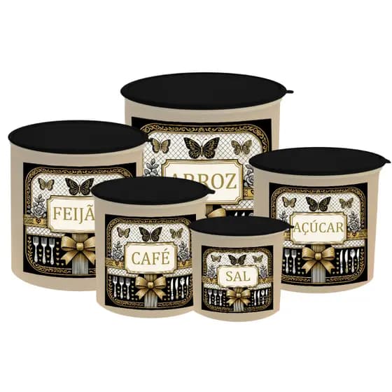 Kit de Potes 5 Peças Porta Mantimentos Decorados para Cozinha Moderna e Organizada