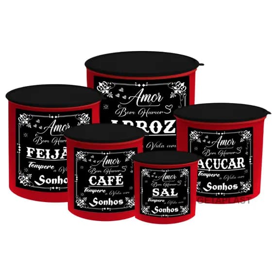 Potes Organizadores de Cozinha Kit 5 Peças Plástico Decorado Para Mantimentos Arroz, Feijão, Açúcar, Café e Sal