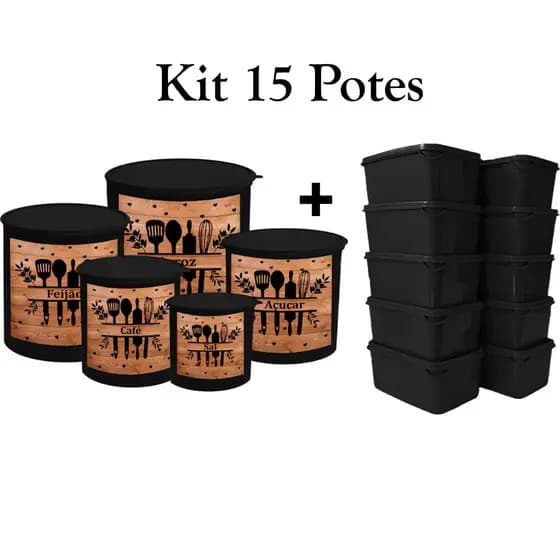Kit 15 Potes Para Cozinha Marmita Fitness Jogo de Mantimentos