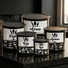 Pote de Mantimentos Premium Preto Mate 5 Unidades Organizador Cozinha