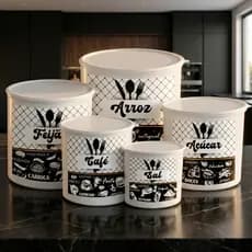 Kit 5 Potes Mantimentos Premium Organizador de Cozinha com Rótulos Tampa Hermética