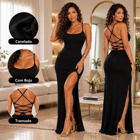 Elegante Vestido Longo Alcinha Bojo Costa Nua Trançado Empina Bumbum Fenda Lateral Canelado Ribana