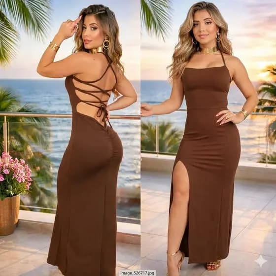 Elegante Vestido Longo Empina Bumbum Alcinha Costa Nua Trançado Com Fenda Lateral Festa Suplex
