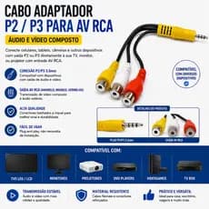 Cabo Adaptador P2 P3 para 3 RCA Fêmea AV Composto TV LG Samsung Áudio Vídeo