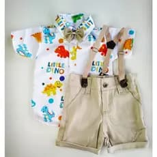 Roupa do DINO BABY infantil conjunto dinossauro bebê menino festa acompanha camisa, gravata, bermuda e suspensório