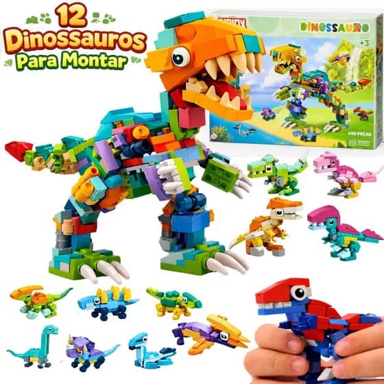 Kit 12 Dinossauro De Montar 405 Peças De Construção Blocos De Montar  Brinquedo Infantil Dinossauro