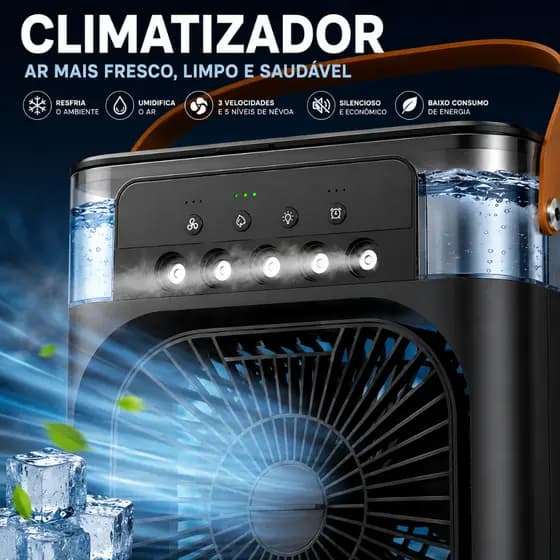Climatizador de Ar Portátil Glacius 3 em 1 Umidificador Ventilador com Névoa e Reservatório de Água