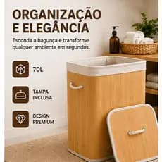 Cesto de Roupas Bambu 70L com Tampa e Alças Organizador Lavanderia Banheiro Quarto Decorativo