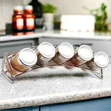 Porta Temperos e Condimentos 6 Peças C/ Suporte De Metal Curvado
