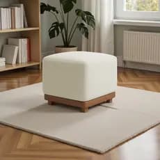 Puff Dalilla Decorativo Bouclé Premium Exclusivo Assento Extra Para Sala Quarto Closet Base Peroba
