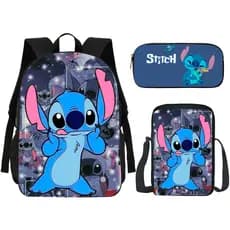 Kit Mochila Escolar Com Estojo e Lancheira Infantil Lilo Stitch Alien Azul Volta as Aulas