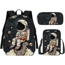 Kit Mochila com Estojo Escolar E Lancheira Astronauta IV Lua Espaço Planeta Volta às Aulas