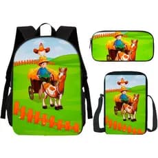 Kit Mochila, Estojo E Lancheira Fazendinha Carroça Cavalo Volta as Aulas