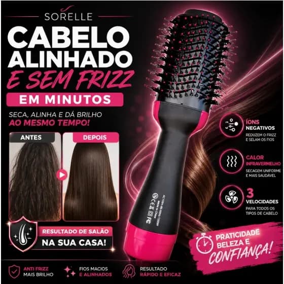 Escova Secadora de Cabelo 3 Velocidades Com Íons Anti Frizz Modeladora Profissional