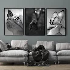 Kit Quadros Decorativo 3 peças 60x40 Mosaico Mdf Alta Resolução Full HD Gatos Pássaros Preto Branco