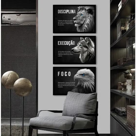 Kit Quadros Decorativo 3 peças 60x40 Mosaico MDF Frases Escritório Leão Lobo Águia Foco Disciplina
