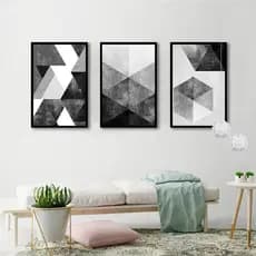 Kit Quadros Decorativo 3 peças 60x40 Mosaico Mdf Full HD geométrico Abstrato Preto e Branco Moderno