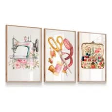 Kit 3 Peças Quadros Decorativos 20x30 MDF Costura Vintage Floral | Decoração Casa Hall