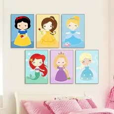 Kit Quadros decorativo 6 peças 20X30 MDF Infantil Princesas da Disney Decoração Casa hall