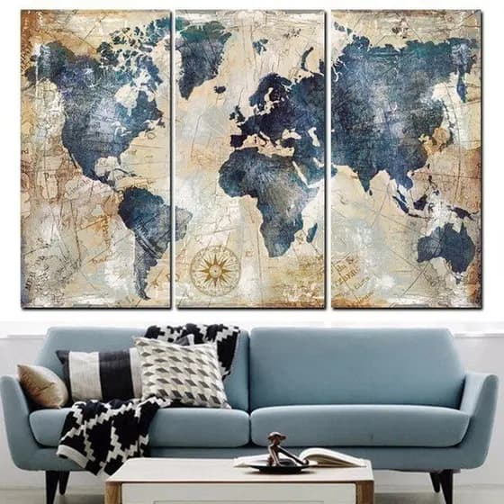 Kit Quadros Decorativo 3 peças 60x40 Mosaico Mdf aquarela mapa mundi moderno estiloso sala quarto