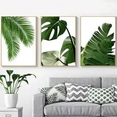 Kit Quadros Decorativo 3 peças 60x40 Mosaico MDF Flor Dourada plantas folhas verdes decoração