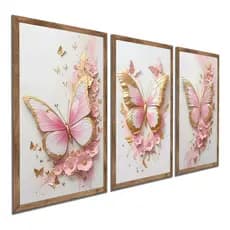 Kit 3 Peças Quadros Decorativos 20x30 MDF Borboleta Encantada Rosa  Decoração Infantil