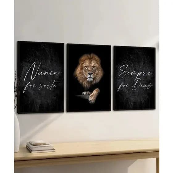 Kit Quadros Decorativo Mosaico 3 peças 120x60 MDF Full HD Leão Judá Nunca Foi Sorte Sempre Foi Deus