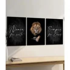Kit Quadros Decorativo Mosaico 3 peças 120x60 MDF Full HD Leão Judá Nunca Foi Sorte Sempre Foi Deus