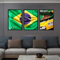 Kit Quadros Decorativo 3 peças 60x40 Mosaico MDF Ayrton Senna Piloto Corrida Fórmula 1 Decoração