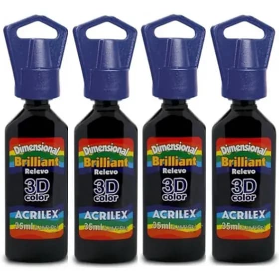 Tinta Dimensional Relevo Brilhante 3d Preto Kit C/ 4 Unid.