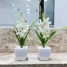 Kit 2 Vasos Decorativos com Flores Artificiais De Orquídea – Arranjo de Mesa para Decoração de Banheiro, Cozinha e Sala