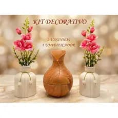 Kit Umidificador Difusor Ultrassônico Madeira 2 Vasos Decorativos Gesso Branca com Flores