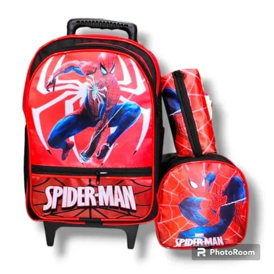 Kit Mochila Infantil Escolar com rodinhas de silicone do menino Homem Aranha+ lancheira + estojo