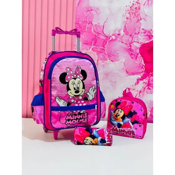 Kit Mochila Infantil Escolar com rodinhas de silicone de menina Minnie + lancheira + estojo