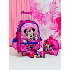 Kit Mochila Infantil Escolar com rodinhas de silicone de menina Minnie + lancheira + estojo