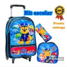 Kit Mochila Infantil Escolar com rodinhas de silicone do menino Patrulha Canina+ lancheira + estojo