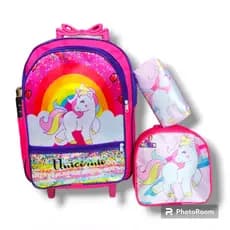 Kit Mochila Infantil Escolar com rodinhas de silicone de menina Unicórnio  + lancheira + estojo