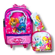 Kit Mochila Infantil Escolar com rodinhas de silicone de menina Patrulha + lancheira + estojo