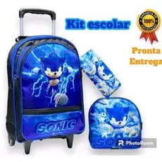 Kit Mochila Escolar Infantil de Rodinhas do menino Sonic Menino + lancheira+ estojo