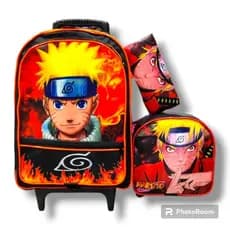 Kit Mochila Infantil Escolar com rodinhas de silicone do menino Naruto + lancheira + estojo