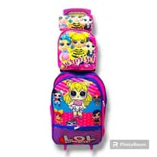 Kit Mochila Infantil Escolar com rodinhas de silicone de menina LoL + lancheira + estojo