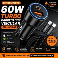 Carregador Turbo Veicular 60W PD USB-C Cabo Tipo C iPhone Android