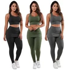 Kit 3 Conjuntos Calça Legging Saia Tapa Bumbum Roupas Femininas De Academia A15